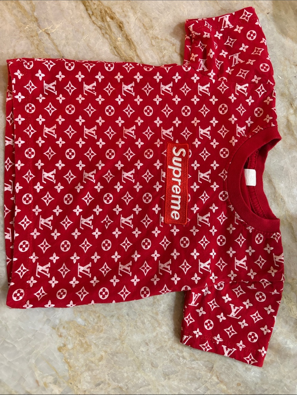 Louis Vuitton Red Monogram Kids Tee with White Logo